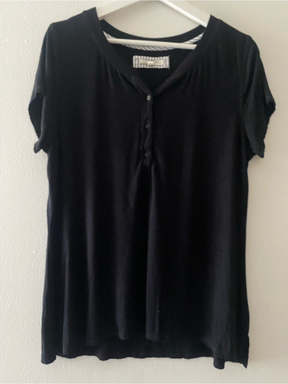 Pure + Good by Anthropologie Women's Black Ribbed Button Front Top Short Sleeve